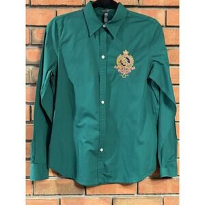 Ralph Lauren Lauren Jeans Co Women Green Shirt Fine Equestrian Goods Crest Sz M